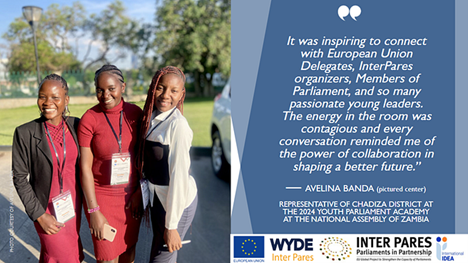 In November 2024, Avelina Banda (center), a representative of Chadiza District attended the first ever Youth Parliamentary Academy