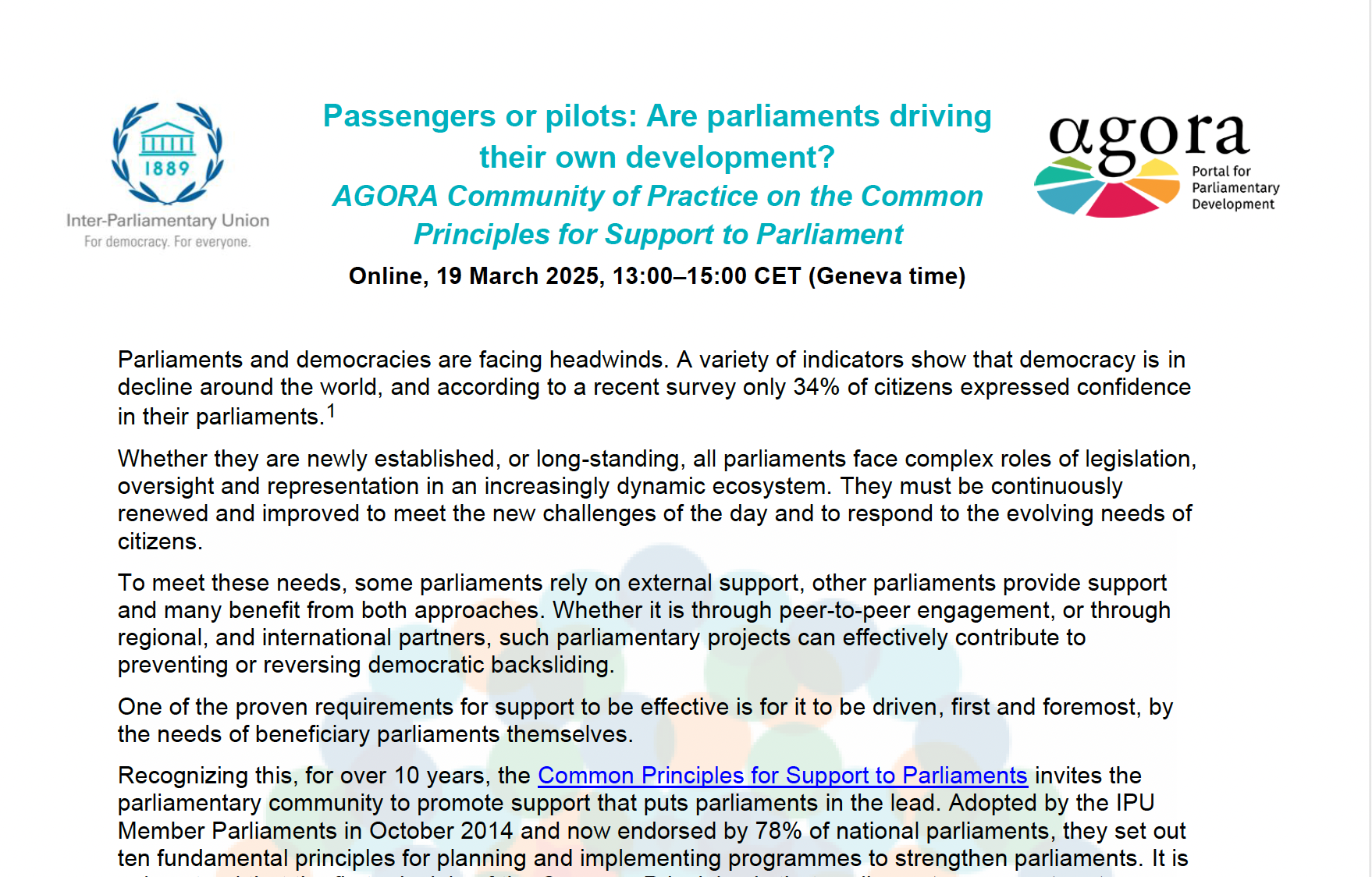 CoP-IPU Workshop Agenda on Common Principles 